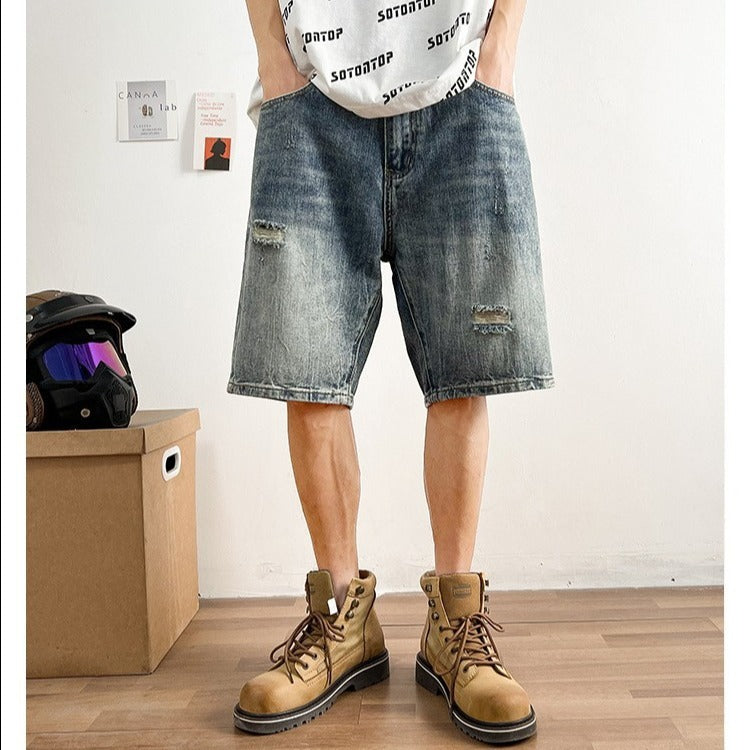 Spencer – Denim Korte Broek met Losse Pasvorm en Gaatjes