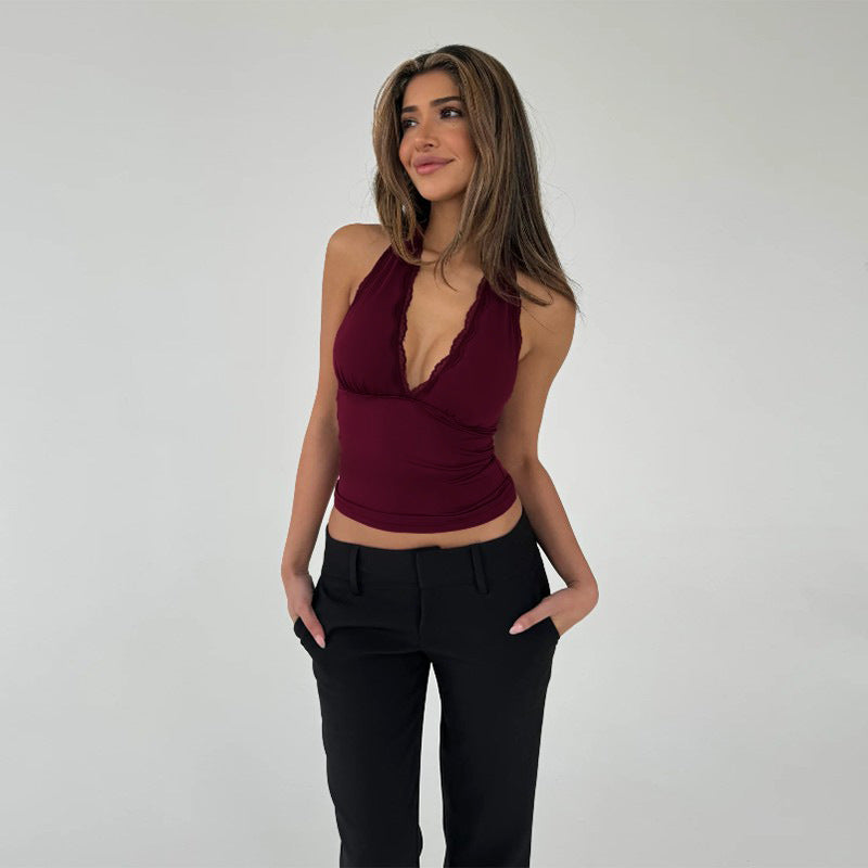 Women's Solid Color Swing Collar Halter Lace-up Slim Strap Top