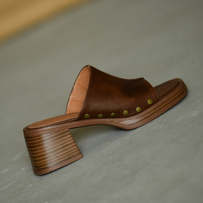 Jacqueline – Retro Vierkante Hoofdhak Slippers Zomer