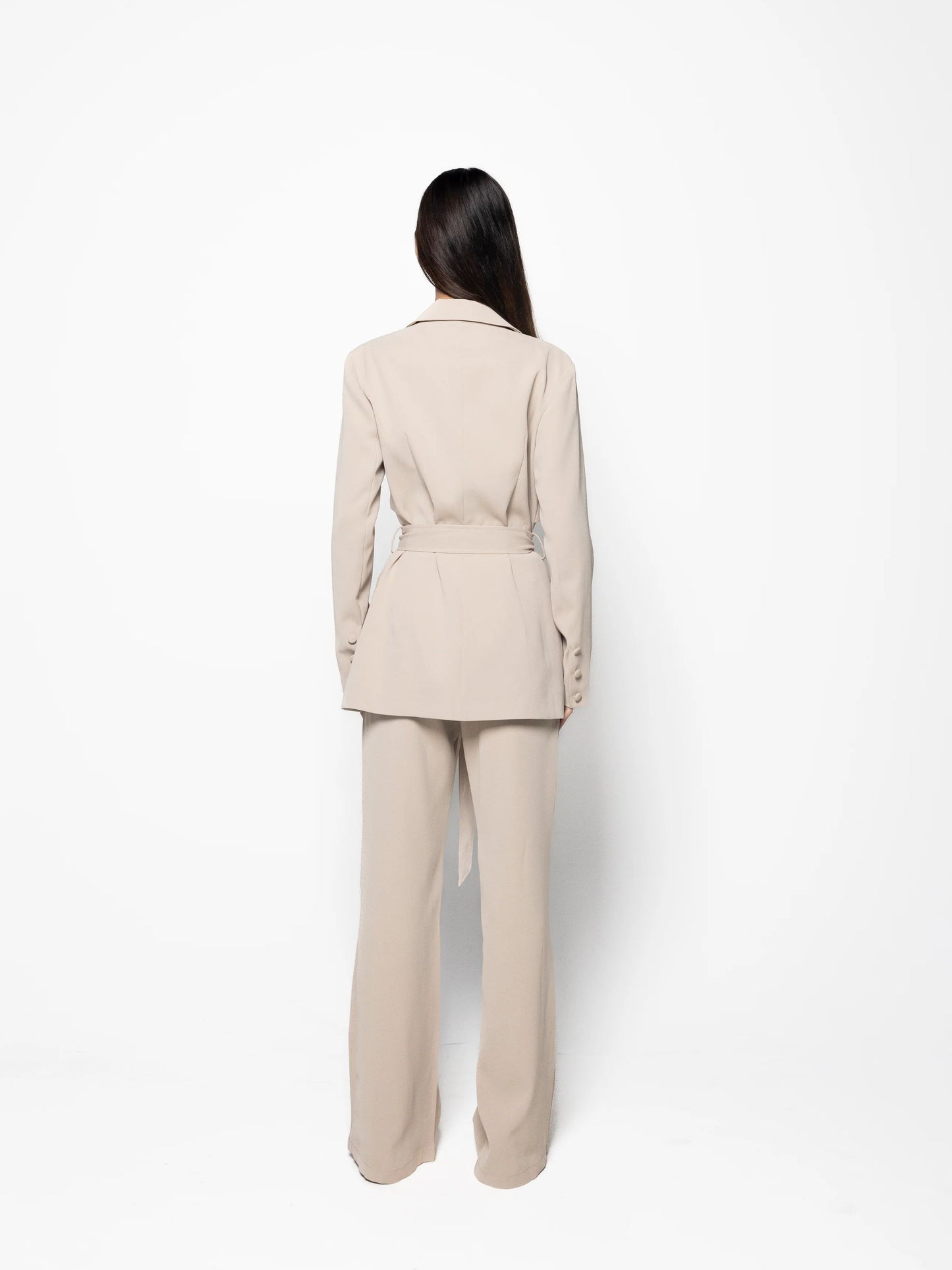 Emma – Elegant Effen Kleur Blazer met Ceintuur & Hoge Taille Broek Set