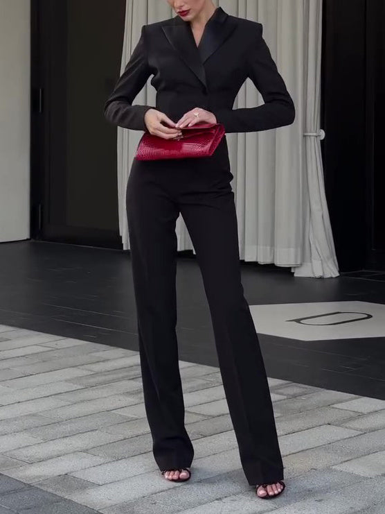 Caroline – Rugloze Kralen Crop Blazer & Hoge Taille Broek Set