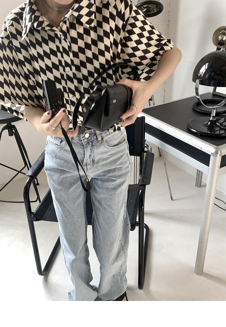 Sara – Zwart-wit Geruite Dames Polo Kraag Shirt