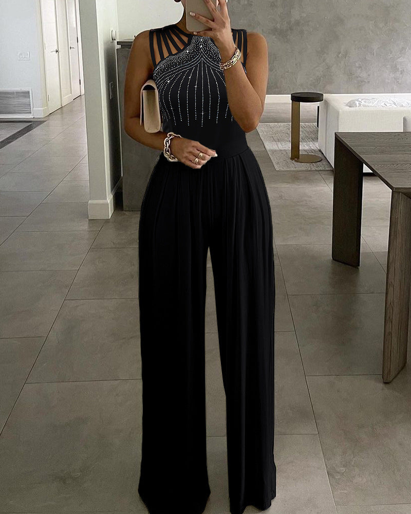 Women's Rivet Hollow Hollow Wide Leg Jumpsuit New Elegant Round Neck