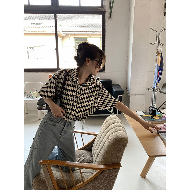 Sara – Zwart-wit Geruite Dames Polo Kraag Shirt