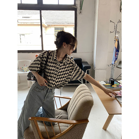 Sara – Zwart-wit Geruite Dames Polo Kraag Shirt