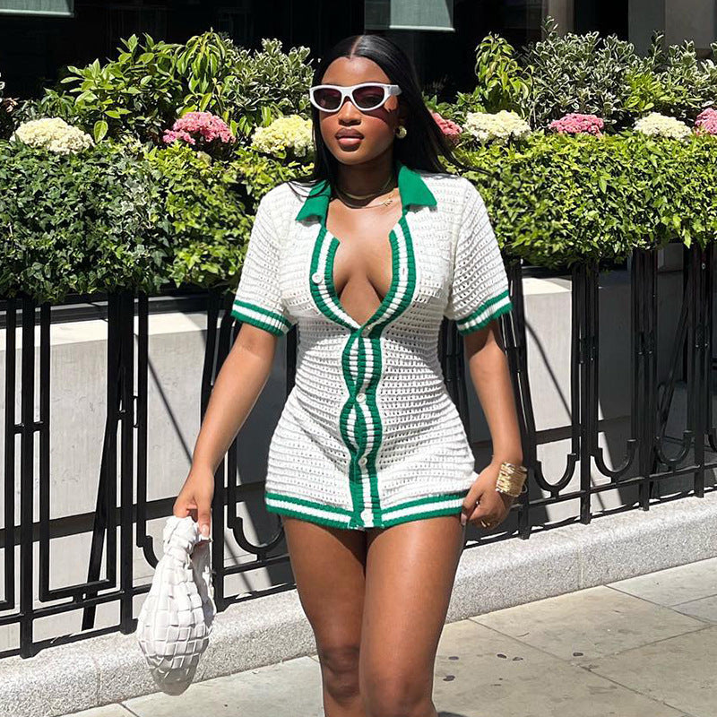 Pamela – Contrasterende Kleur Enkelborstige Korte Mouw Jurk