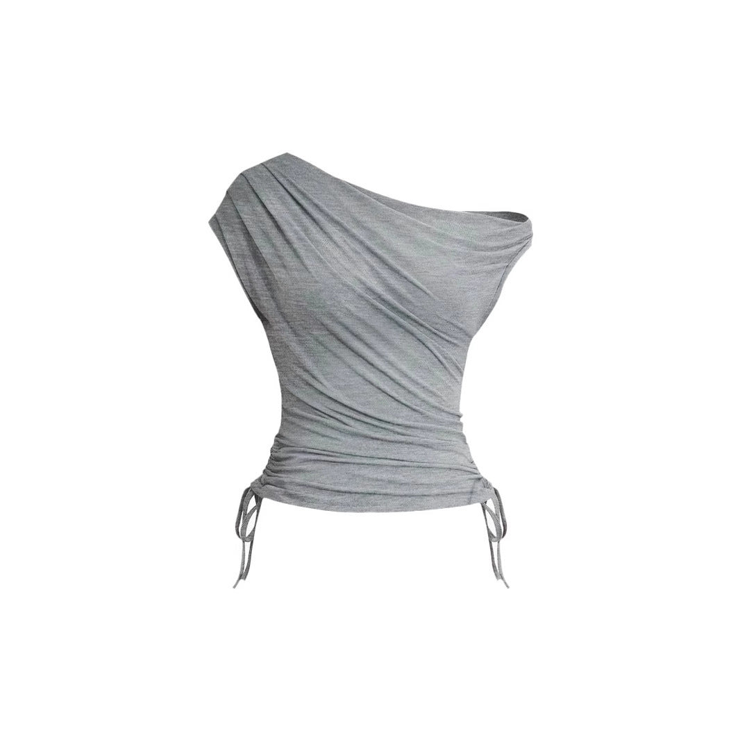 Women's Summer Solid Color Waist Pleat Off Shoulder Short Sleeved T-shirt