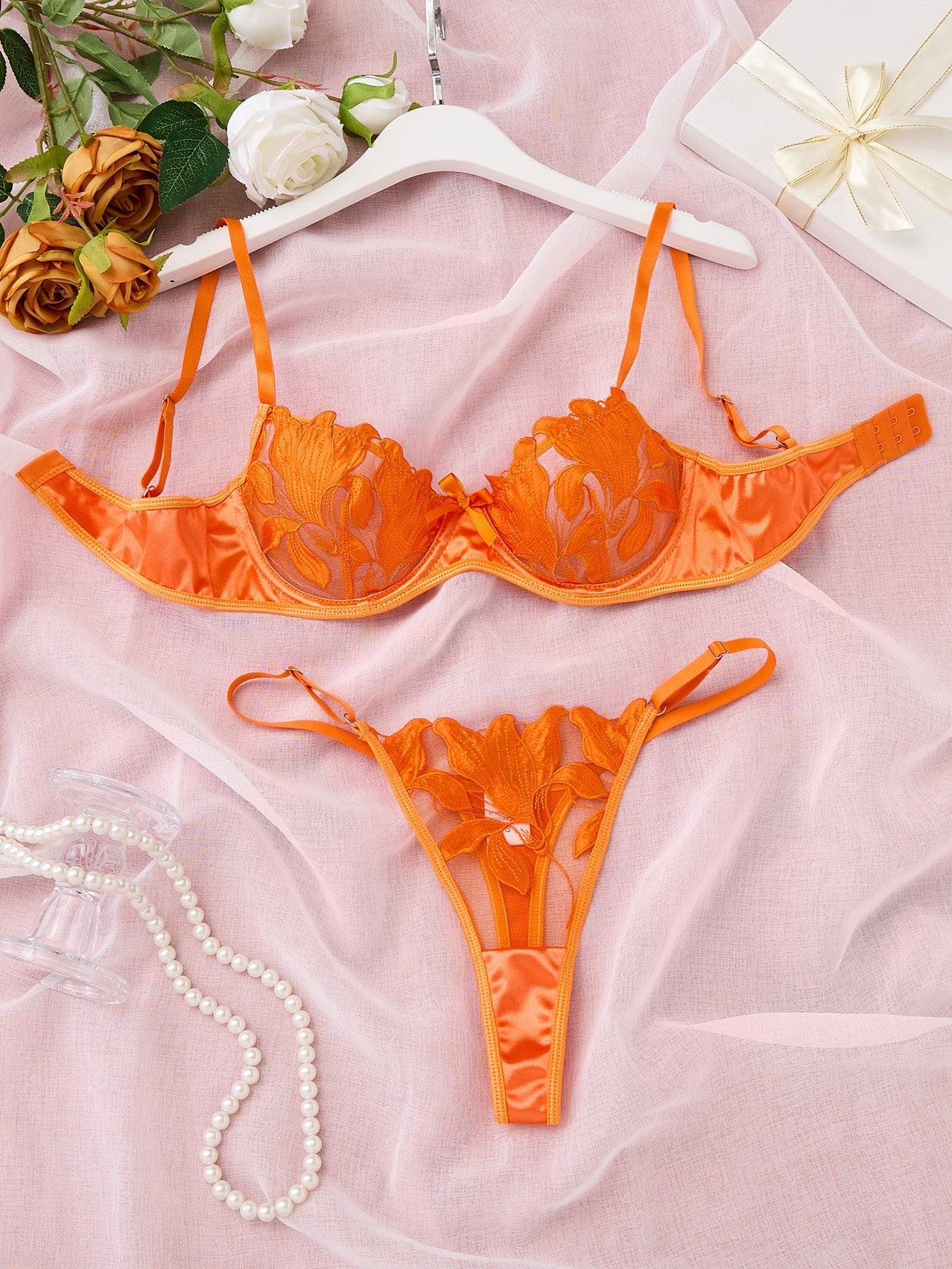 Lace Embroidery Mesh See-through Sexy Lingerie Set