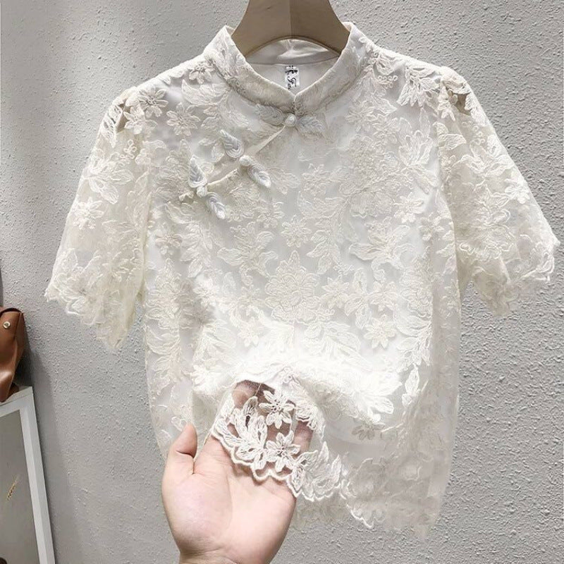 Buckle Chinese Ethnic Style Lace T-shirt Top Shirt
