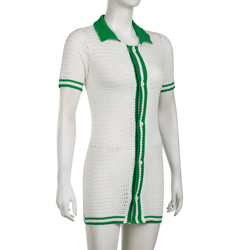 Pamela – Contrasterende Kleur Enkelborstige Korte Mouw Jurk