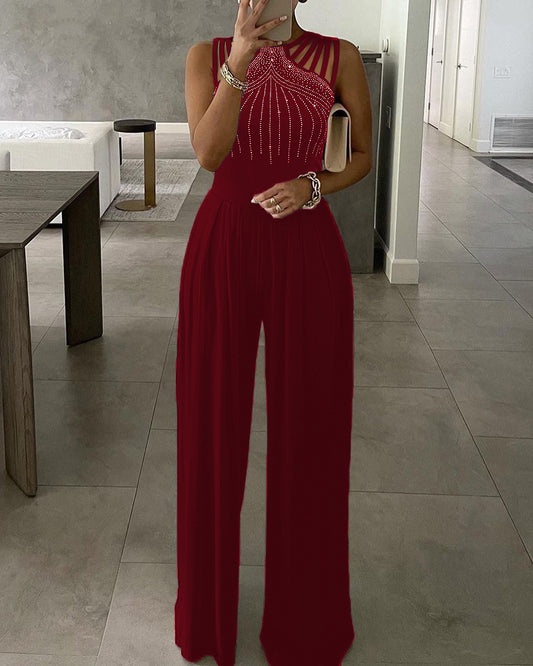 Women's Rivet Hollow Hollow Wide Leg Jumpsuit New Elegant Round Neck