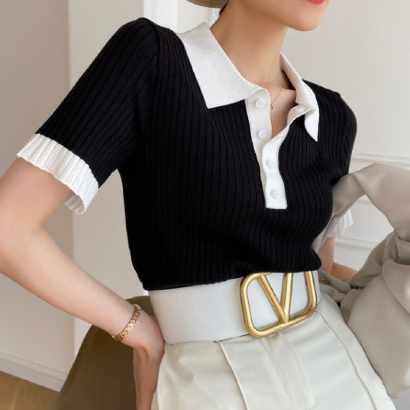 Rebecca – Contrast Kleur Polo Kraag IJs Zijde Gebreide Korte Mouw T-shirt