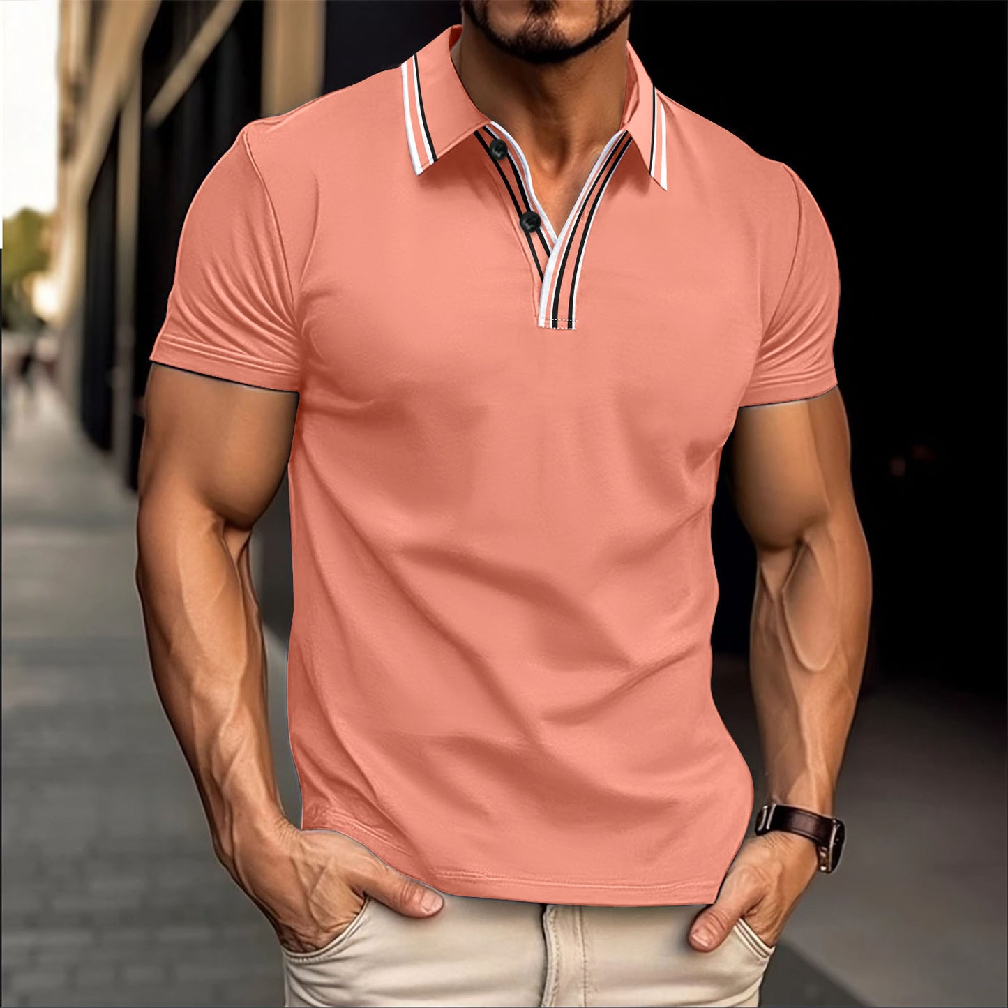 Ryan – Gestreept Poloshirt met Knoopsluiting en Korte Mouwen