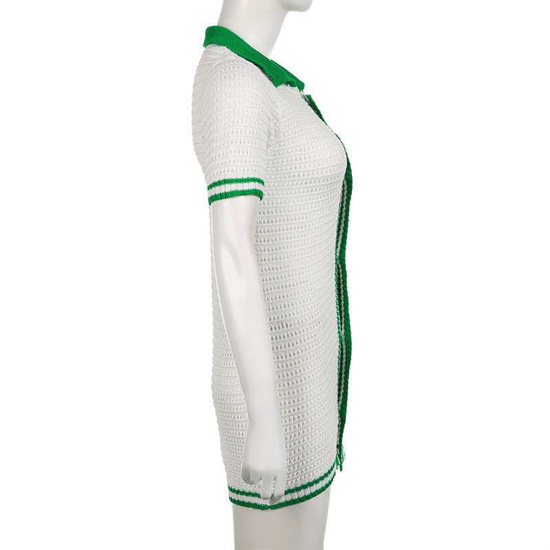 Pamela – Contrasterende Kleur Enkelborstige Korte Mouw Jurk