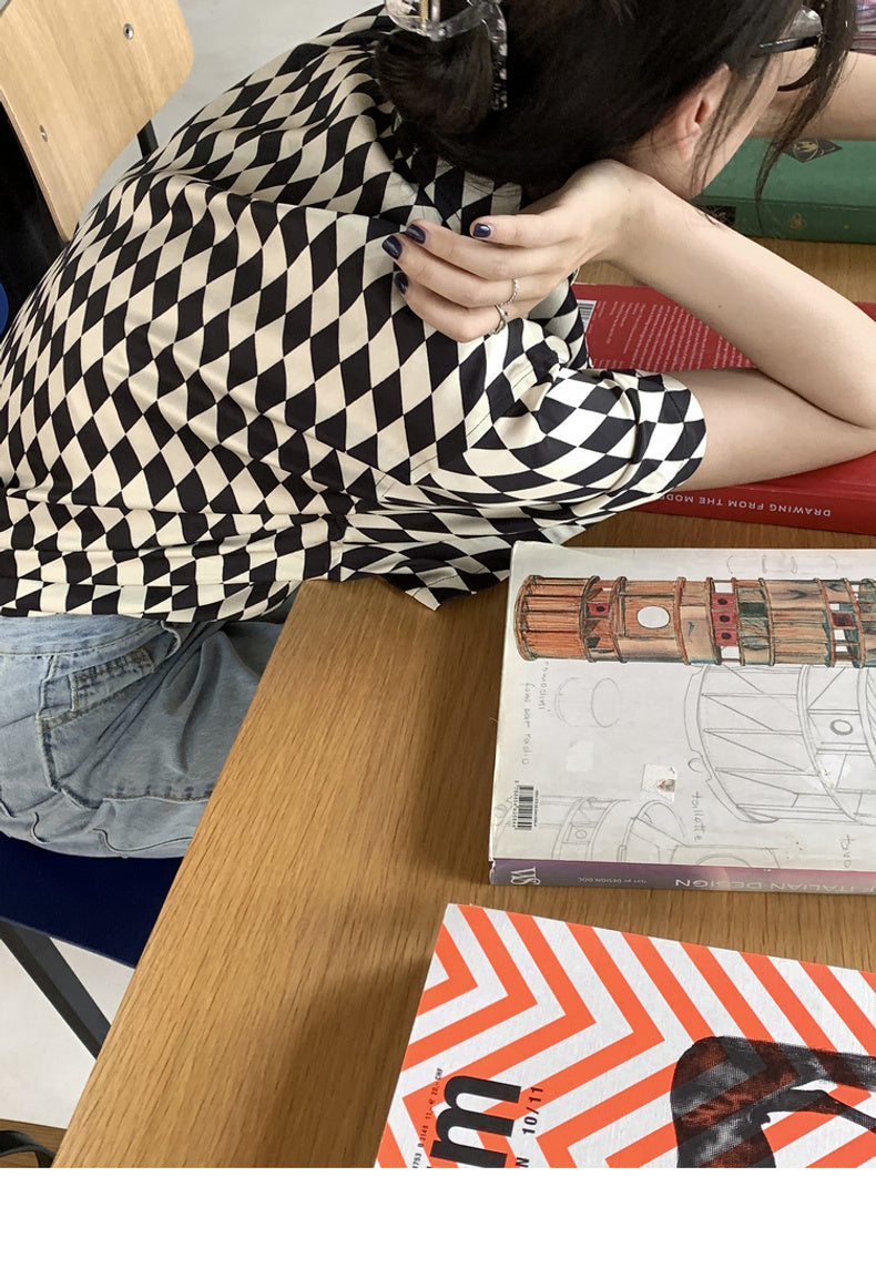 Sara – Zwart-wit Geruite Dames Polo Kraag Shirt