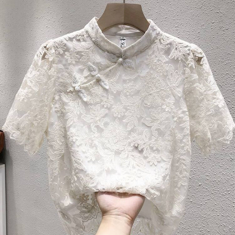 Buckle Chinese Ethnic Style Lace T-shirt Top Shirt