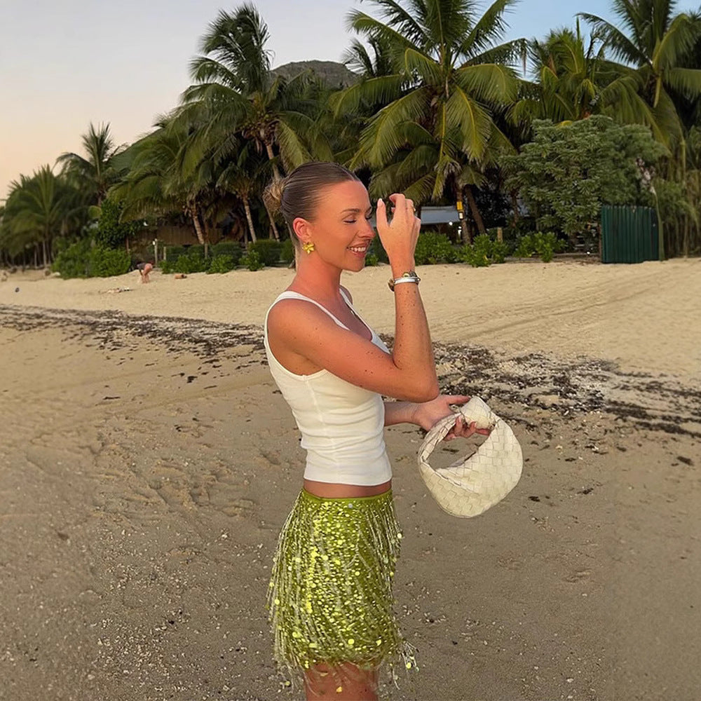 New Fashionable And Eye-catching Solid Color Tassel Sequin Skirt