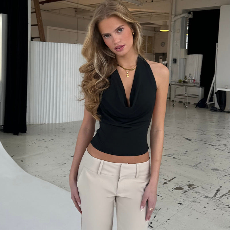 Women's Solid Color Swing Collar Halter Lace-up Slim Strap Top