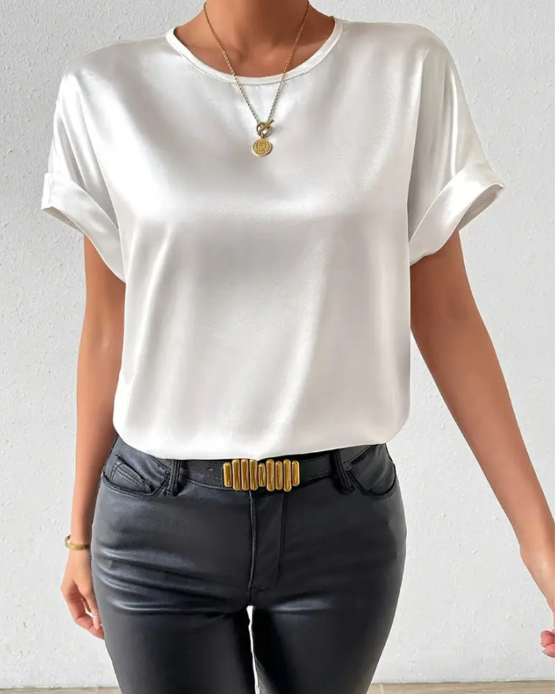 Christina – Elegante Effen Kleur Ronde Hals Korte Mouwen Top T-shirt