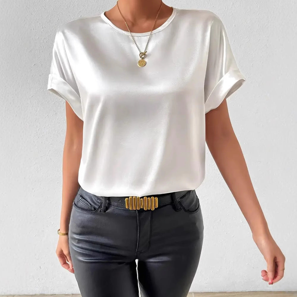 Christina – Elegante Effen Kleur Ronde Hals Korte Mouwen Top T-shirt