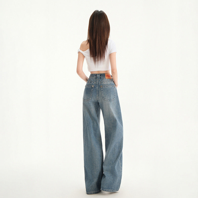 Hannah – Retro Hoge Taille Stud Design Jeans