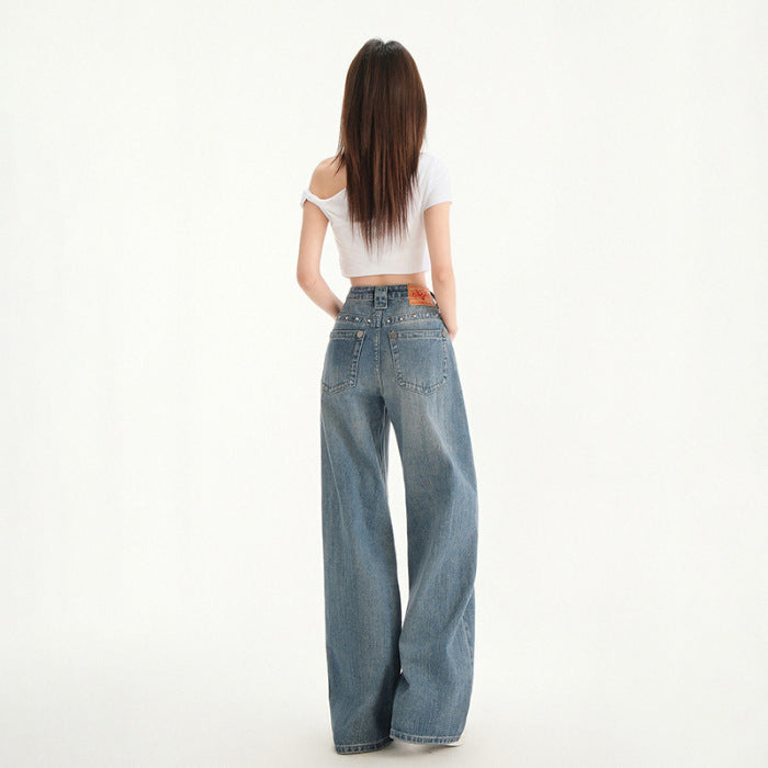 Hannah – Retro Hoge Taille Stud Design Jeans