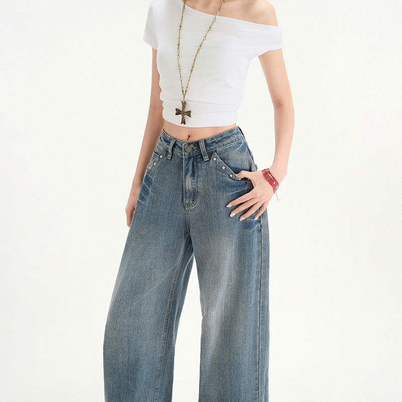 Hannah – Retro Hoge Taille Stud Design Jeans