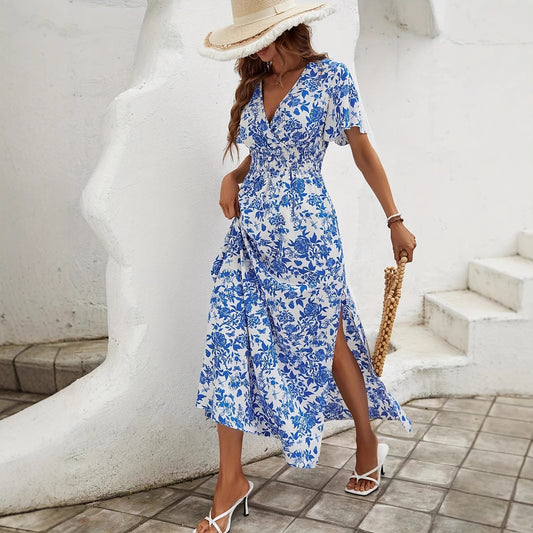 Advanced Sense Plus Size Waist Trimming Slimming V-neckline Flounced Skirt