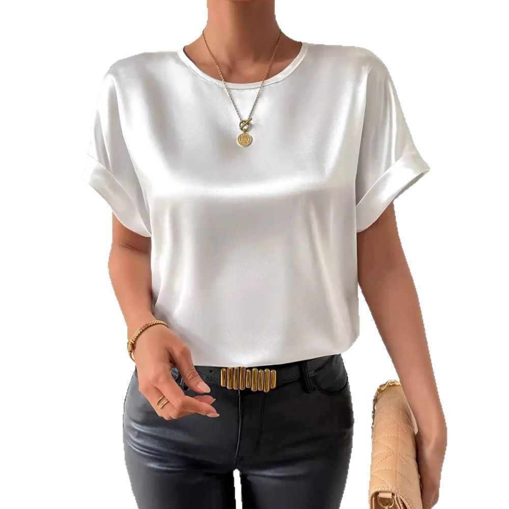 Christina – Elegante Effen Kleur Ronde Hals Korte Mouwen Top T-shirt