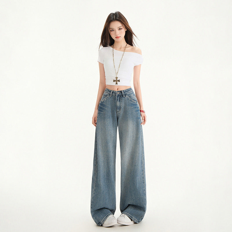 Hannah – Retro Hoge Taille Stud Design Jeans