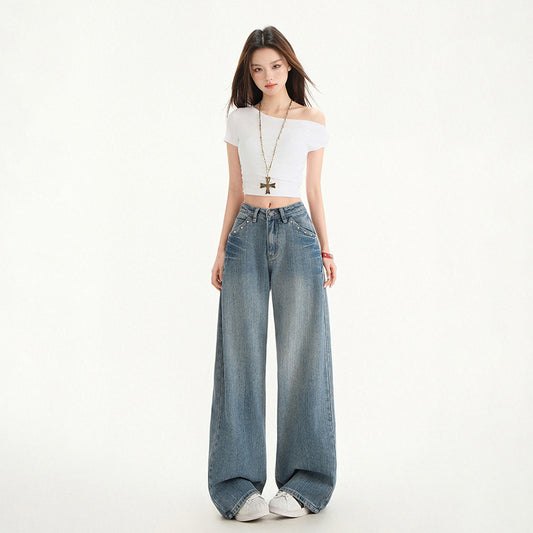 Hannah – Retro Hoge Taille Stud Design Jeans