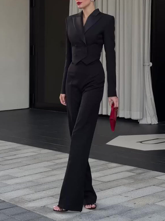 Caroline – Rugloze Kralen Crop Blazer & Hoge Taille Broek Set