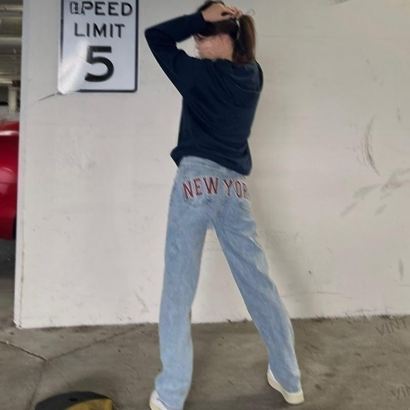 Jessie – Retro Casual Lichtblau Hoog Getailleerde Rechte Jeans