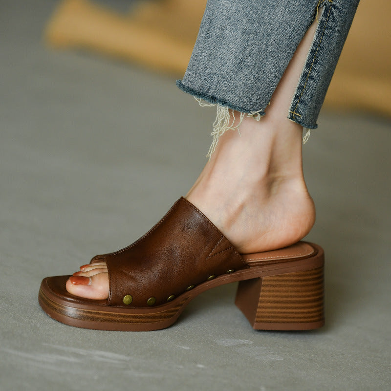 Jacqueline – Retro Vierkante Hoofdhak Slippers Zomer