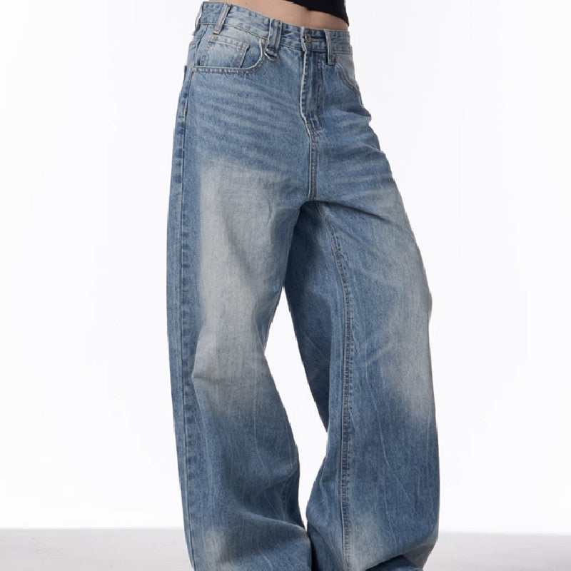 Shirley – Retro Versleten Look Uitgewasde Jeans Dames Losse Rechte Wijde Broek