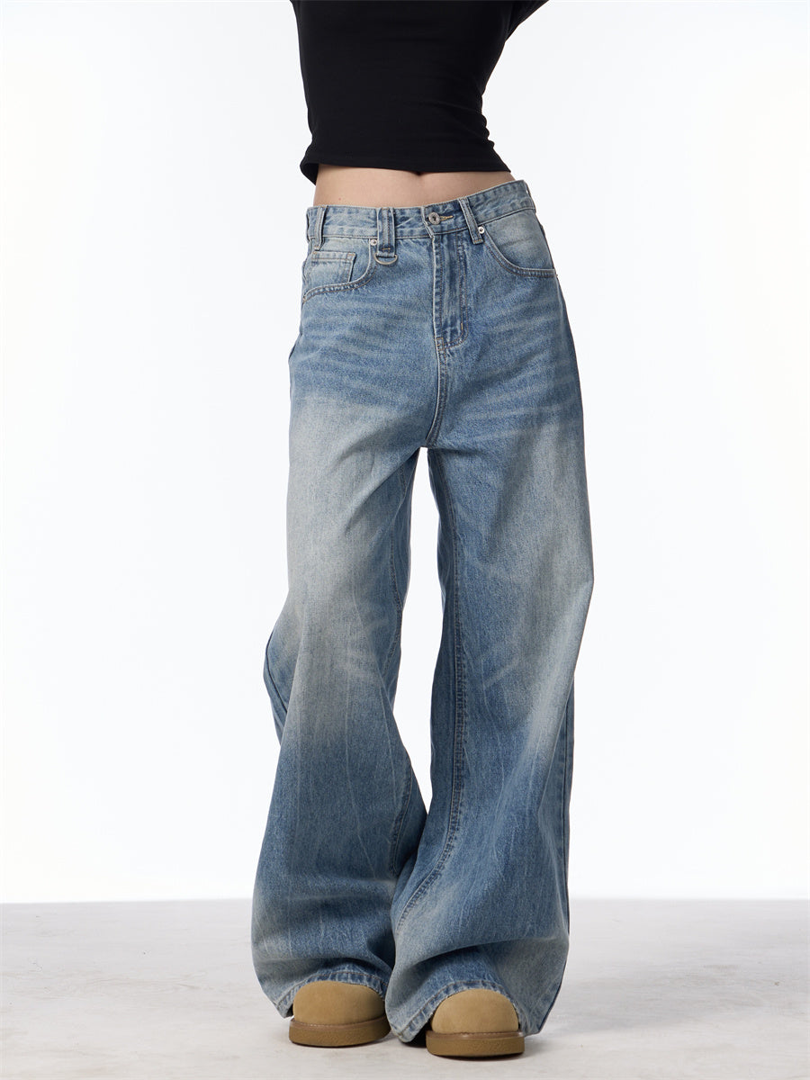 Shirley – Retro Versleten Look Uitgewasde Jeans Dames Losse Rechte Wijde Broek
