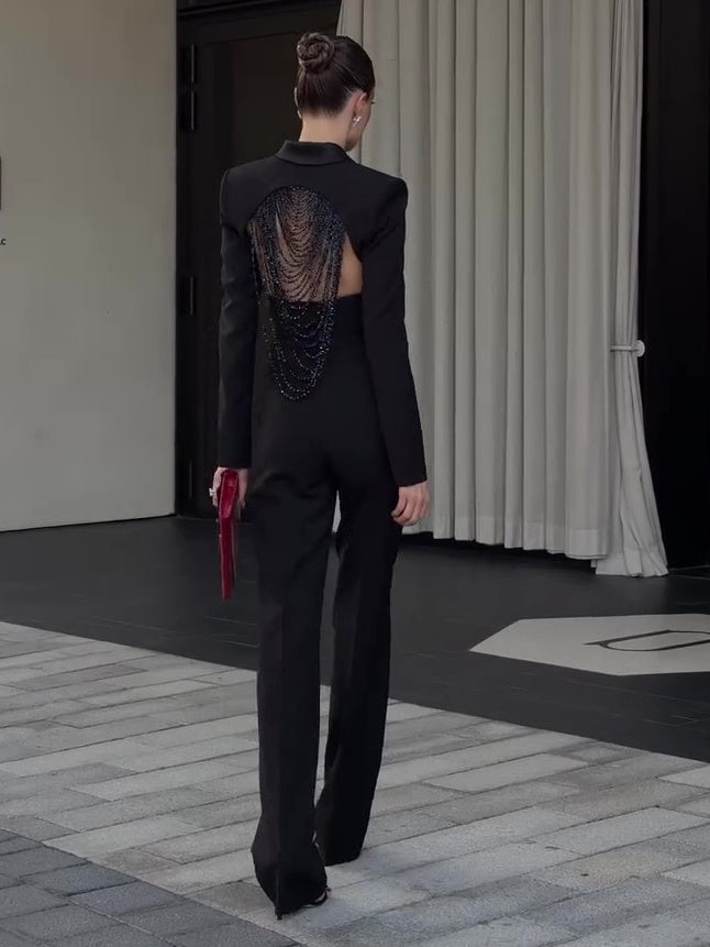 Caroline – Rugloze Kralen Crop Blazer & Hoge Taille Broek Set