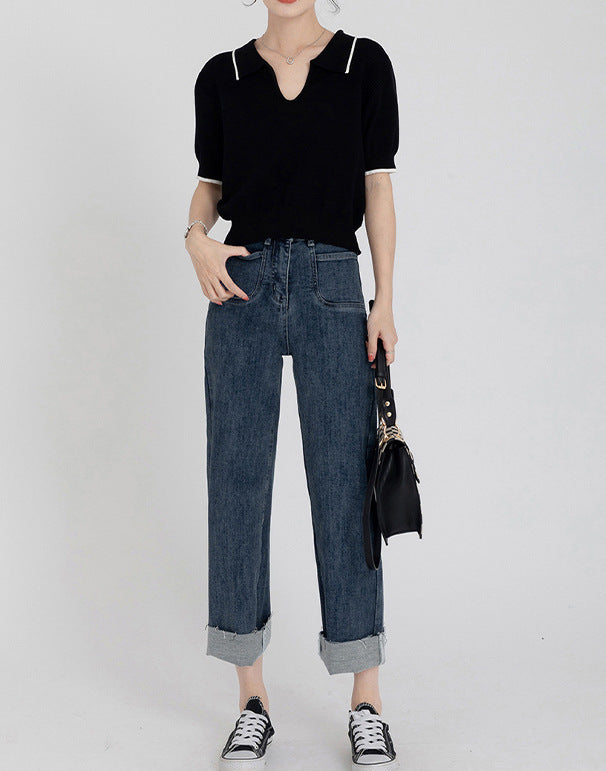 Lynda – Polo Kraag College Stijl IJs Zijde Gebreide T-shirt