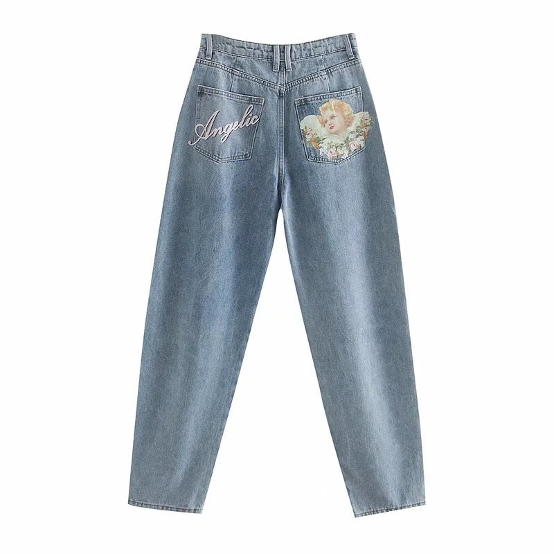 Marion – Hoge Taille Jeans met Engelprint