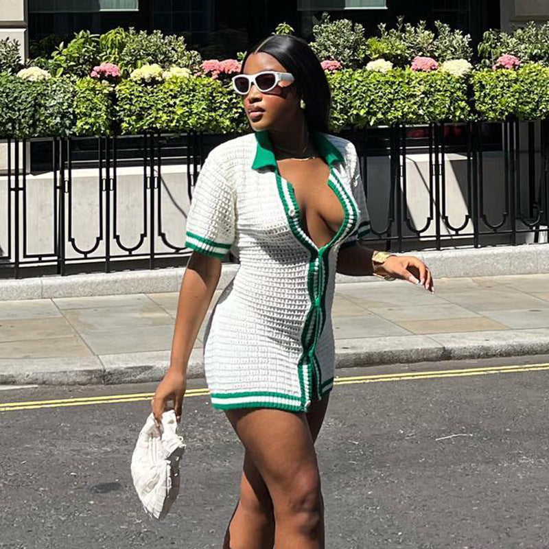 Pamela – Contrasterende Kleur Enkelborstige Korte Mouw Jurk