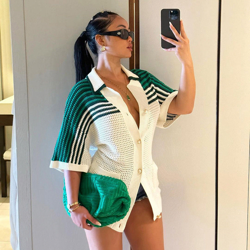 Pamela – Contrasterende Kleur Enkelborstige Korte Mouw Jurk