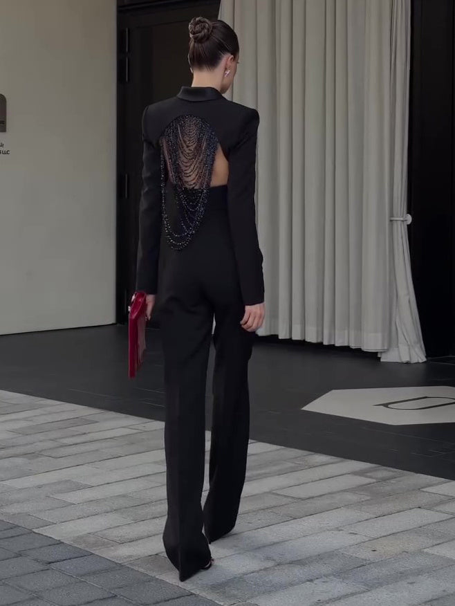 Caroline – Rugloze Kralen Crop Blazer & Hoge Taille Broek Set