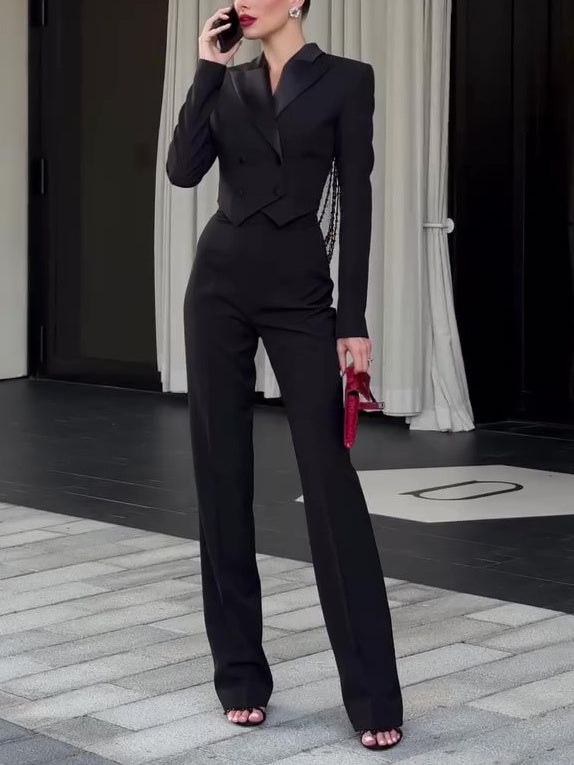 Caroline – Rugloze Kralen Crop Blazer & Hoge Taille Broek Set