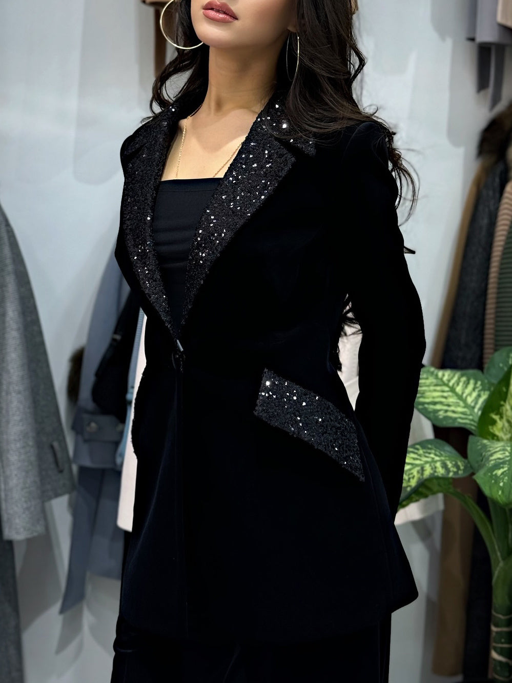 Louise – Fluwelen Patchwork Pailletten Blazer & Hoge Taille Broekpak