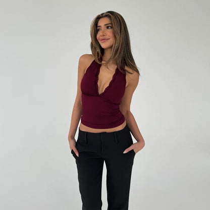 Women's Solid Color Swing Collar Halter Lace-up Slim Strap Top