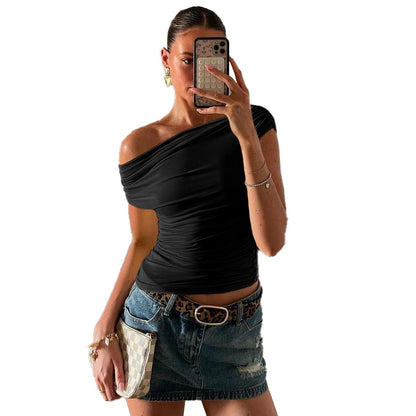 Personality Street Simple Graceful Solid Color Diagonal Collar Top For Women