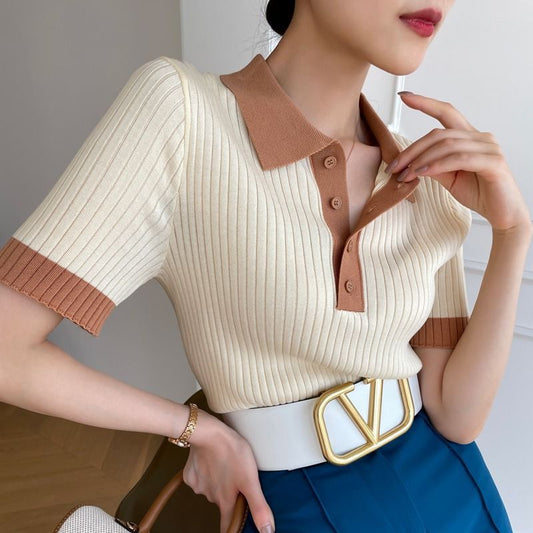 Rebecca – Contrast Kleur Polo Kraag IJs Zijde Gebreide Korte Mouw T-shirt