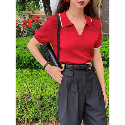 Lynda – Polo Kraag College Stijl IJs Zijde Gebreide T-shirt