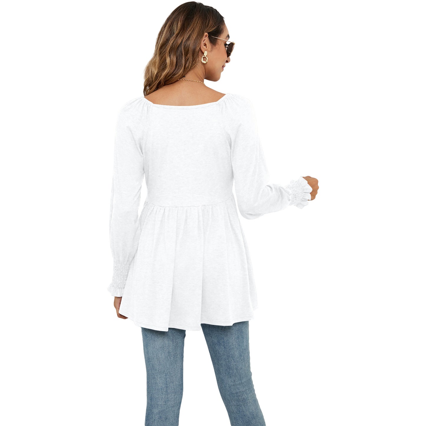 Women's New V-neck Puff Long-sleeved Tunic T-shirt