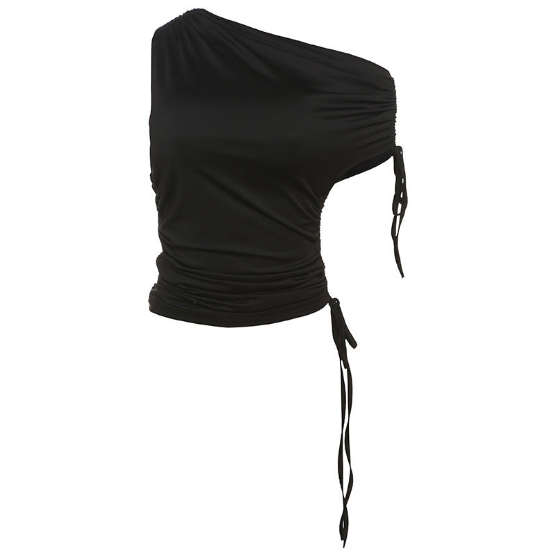 Personality Street Simple Graceful Solid Color Diagonal Collar Top For Women